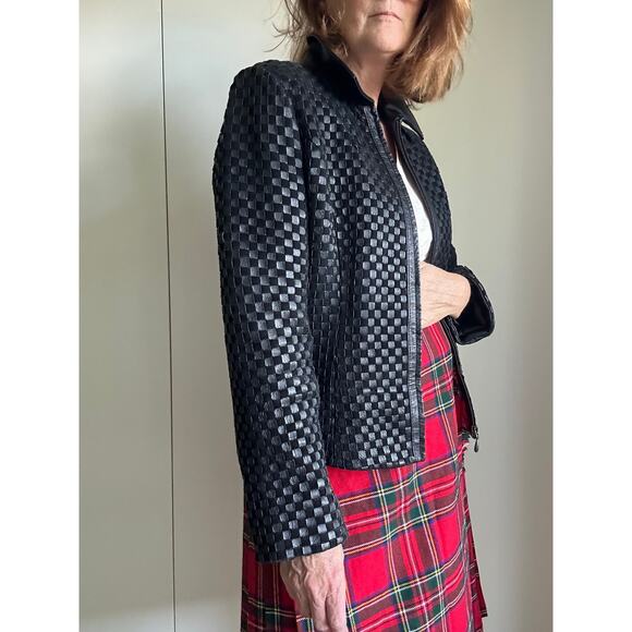 Vintage 90sY2K Woven Black Leather Jacket Size Medium Classic Heritage Style - Picture 2 of 7
